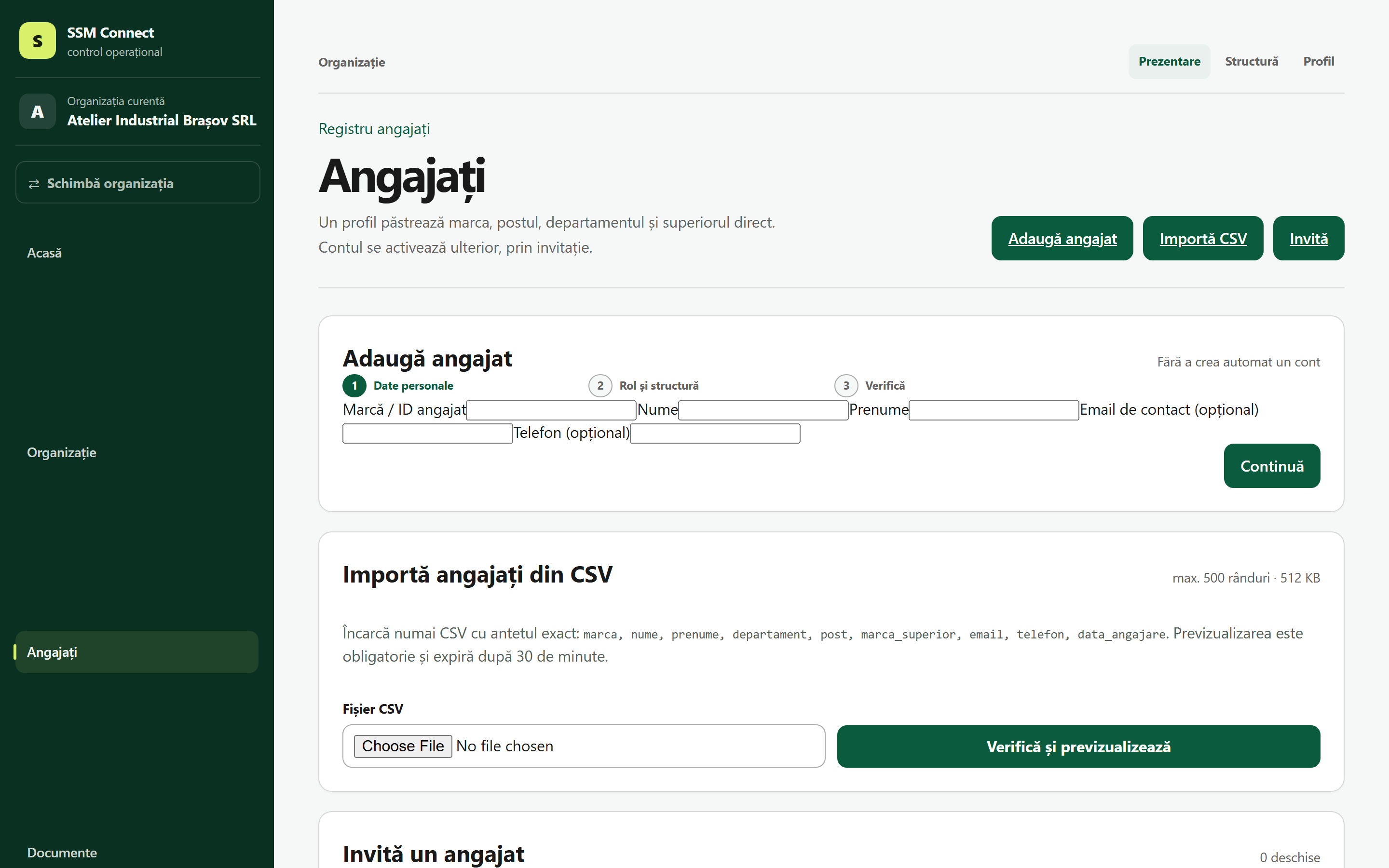 Registrul de angajați din SSM Connect, cu adăugare, import CSV și invitații