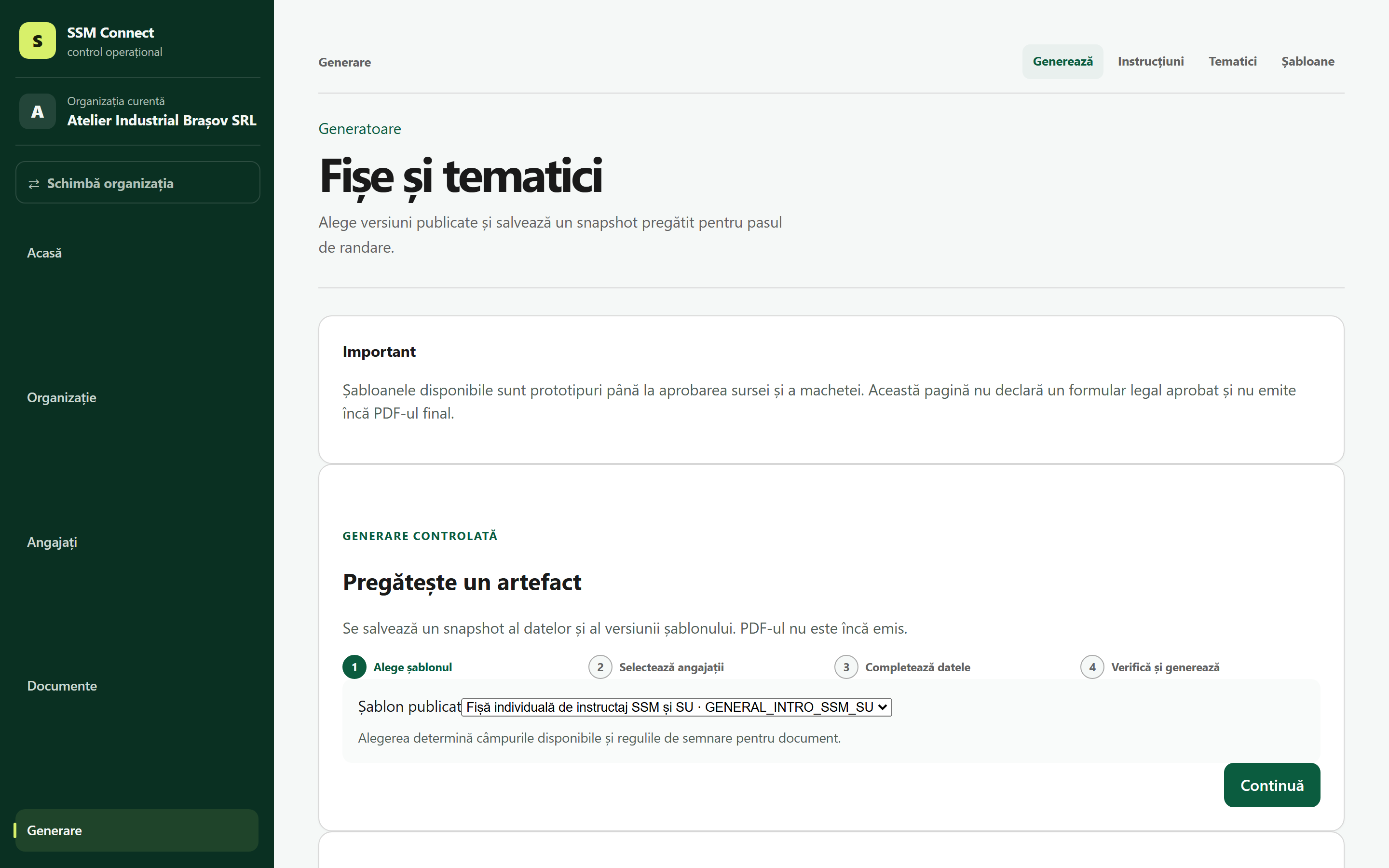Generatorul de fișe și tematici din SSM Connect, cu pașii de pregătire a unui artefact