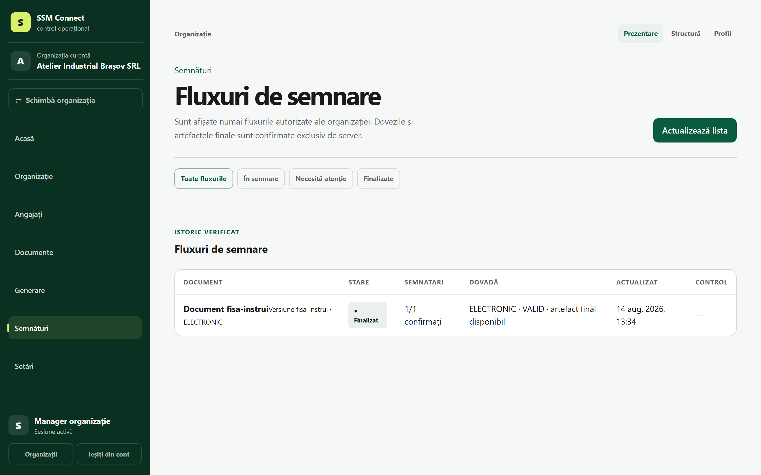 Fluxurile de semnare din SSM Connect, cu document finalizat și dovadă verificată